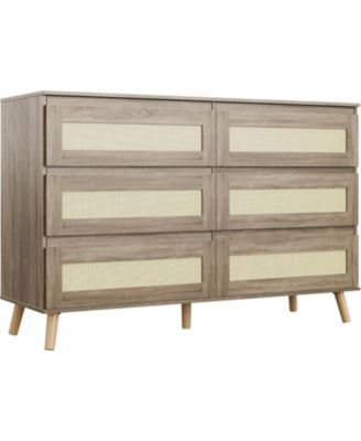 6-Drawer Wooden Dresser for Bedroom, Wide Boho Chest of Drawers with Rattan Fronts