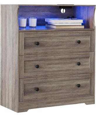 3-Drawer Wooden Dresser with LED Lights & Charging Station, Storage Chest for Living Room & Closet