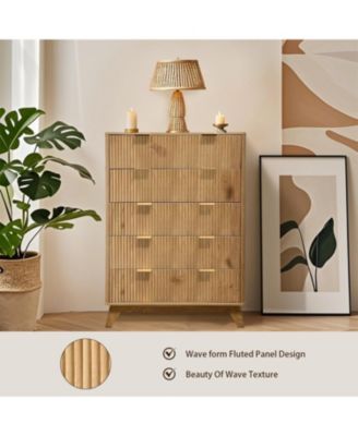 48" Tall 5-Drawer Fluted Dresser, Mid-Century Storage Chest for Bedroom and Entryway, Beige