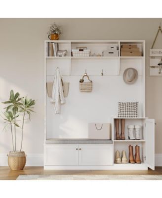 78" Entryway Hall Tree with Bench and Storage, 3-in-1 Hall Tree with 4 Hanging Hooks, 3 Open Compartments & Adjustable Shelf