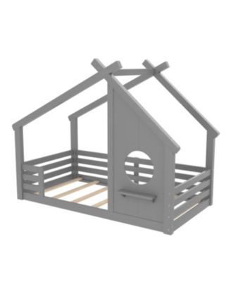 House Floor Bed with Window and Shelf, Solid Wood