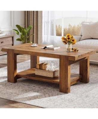 Solid Wood Coffee Table with 2-Tier Storage Shelf, 47.2" Farmhouse Rectangle Center Table Furniture for Living Room, Apartment, Office