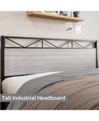 King Size Bed Frame with Rustic Wood Headboard and Footboard, Heavy Duty Metal Platform Bed Frame with Steel Slat Support