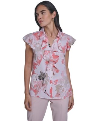 Women's Printed Cap-Sleeve Ruffle Front Top