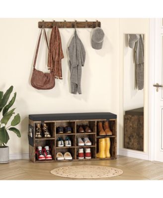 Shoe Storage Bench, 10 Cubbies Storage Organizer with Cushion, Adjustable Shelves, Accessories Bag, 3-Tier Entryway Shoe Storage for Mudroom