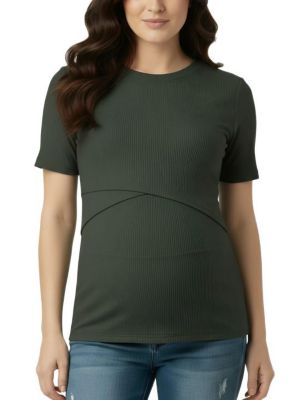 Maternity Motherhood Crew Neck Cross Over Nursing Short Sleeve Top