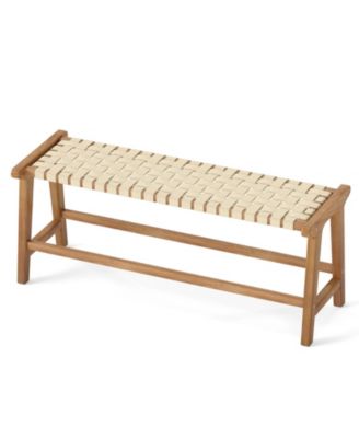 47" Teak Wood Patio Bench with Woven Seat and Solid Legs