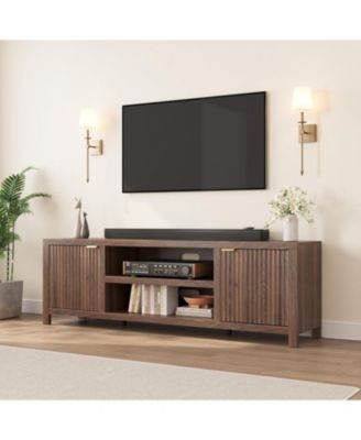 Fluted TV Stand for 80 Inch TV, Modern Entertainment Center with Storage & Gold Handles