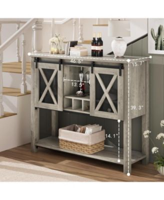 Farmhouse Coffee Bar Cabinet with Sliding Barn Doors, Wine Rack and Open Storage Shelf for Kitchen and Dining Room
