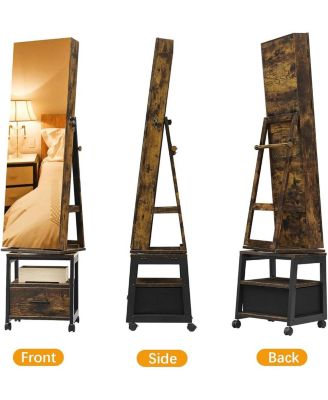 360° Swivel Jewelry Armoire with Storage Shelf and Drawer, 66" Full-Length Mirror Cabinet on Wheels