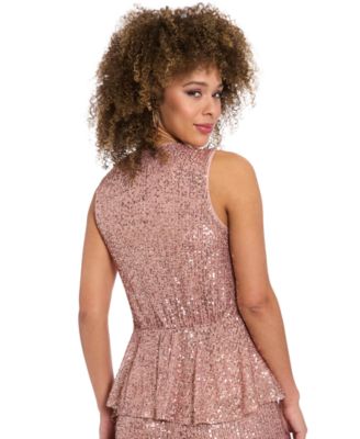 Women's Sleeveless Side V-Neck Top And Sequin Pull-On Pants