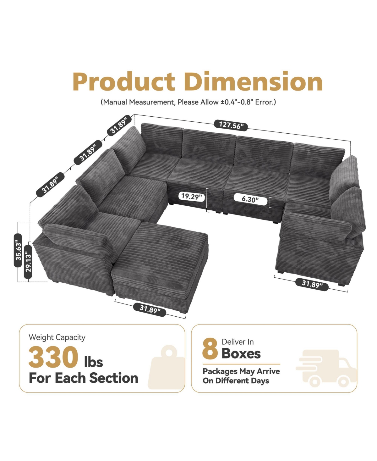 Xizzi 128''×96'' Modular Sectional Sofa , 8-Piece U-Shaped Deep Seat Cloud Couch with Chaise Ottoman
