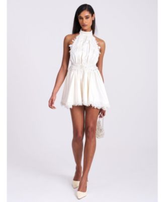 Women's Idalia Beaded Lace Trim Backless Halter Mini Dress