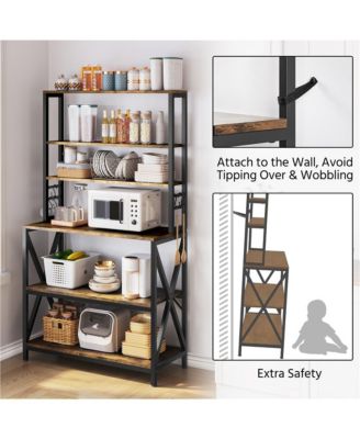 64.5"H 6-Tier Metal & Particleboard Wine Rack, 10 Hooks, Power Outlets, Adjustable Feet Rustic Baker s Rack