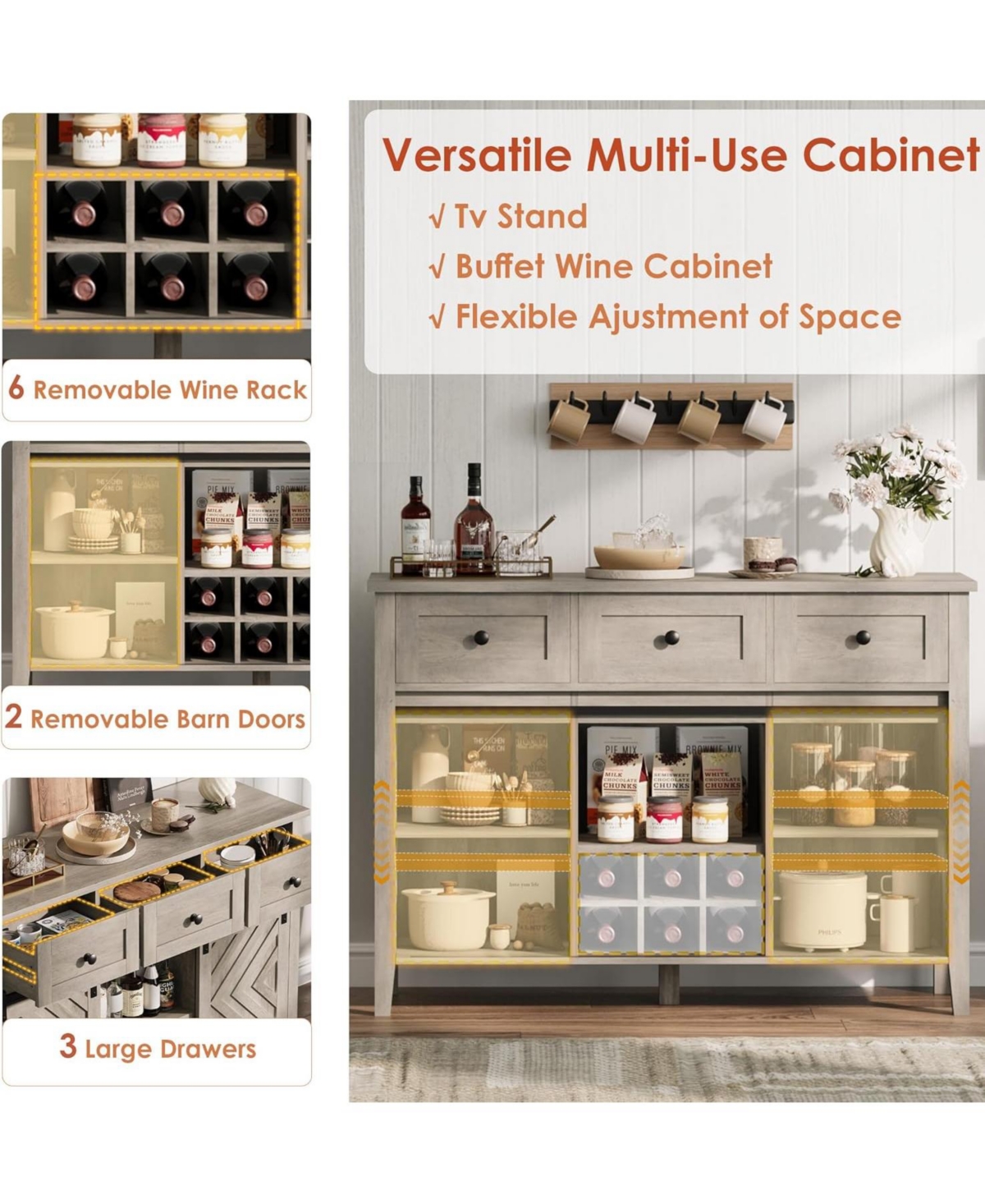 gaomon 47.2" Farmhouse Buffet Cabinet with Sliding Barn Door, 3 Drawers, Wine Rack & Adjustable Shelf