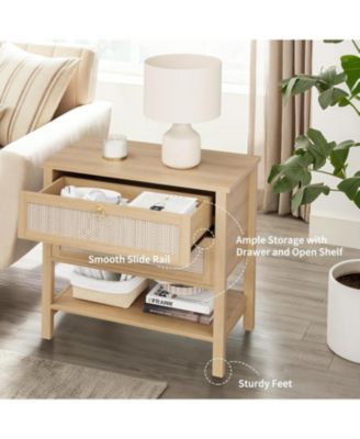 Rattan Nightstand Set of 2, Boho Bedside Tables with 2 Rattan Drawers & Large Storage