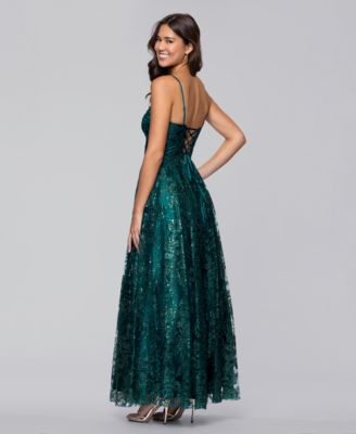 Juniors' Long Glitter V-Neck Lace-Up Back Ball Gown