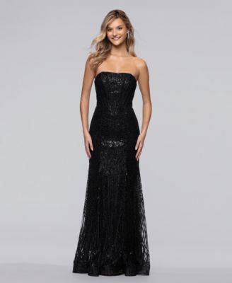 Juniors' Long Glitter Strapless Corset Fit & Flare Ball Gown