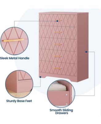 5-Drawer Tall Dresser for Bedroom, Wooden Chest of Drawers with Gold Handles for Closet Storage, Pink