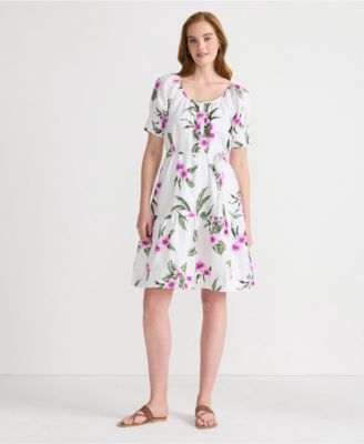 Women's Puff Sleeve Pleated Linen Knee Length Dress