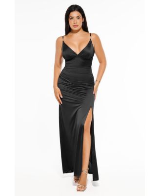 Women's Shapewear Satin Deep-V Front Slit Maxi Dress