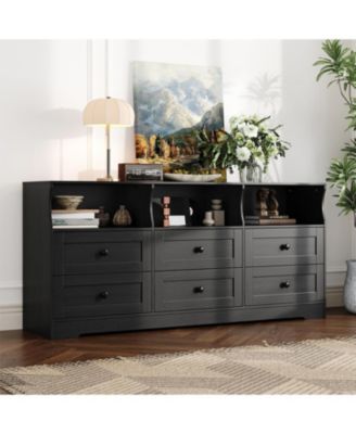 6-Drawer Slim Dresser for Bedroom, Wooden Chest with Power Outlets, LED Light & Open Shelf, Black