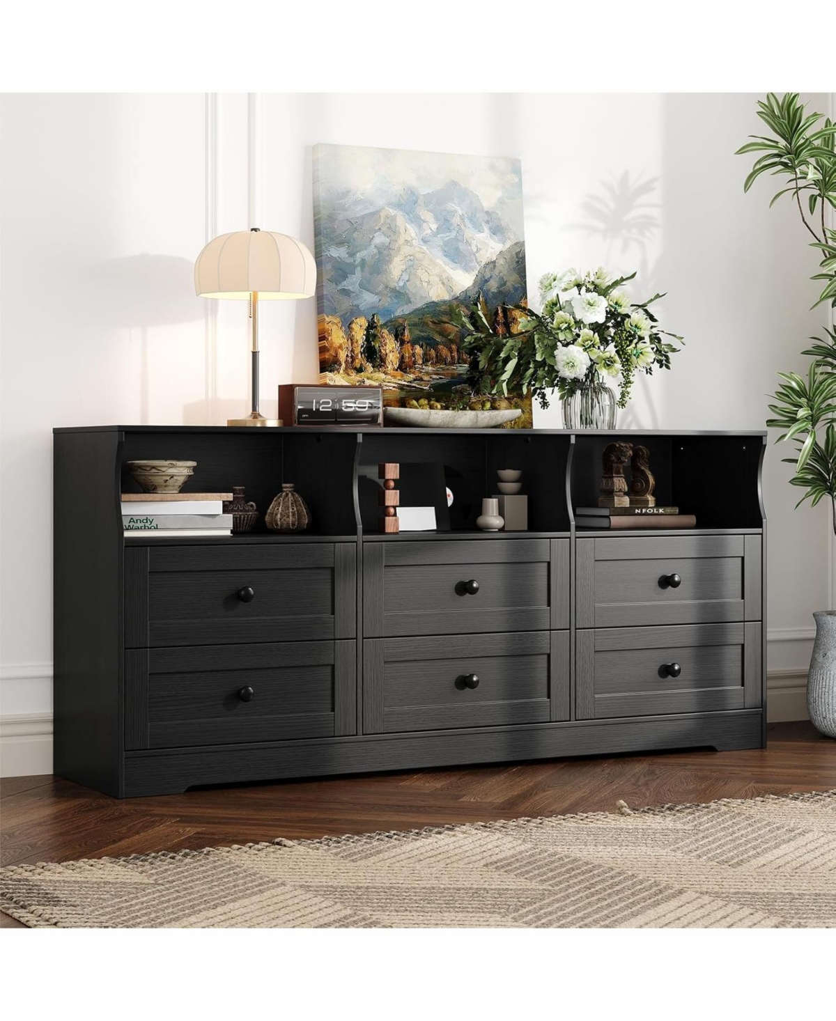 gaomon 6-Drawer Slim Dresser for Bedroom, Wooden Chest with Power Outlets, Led Light & Open Shelf, Black