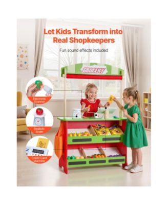 2-in-1 Wooden Puppet Theater and Reversible Grocery Playset