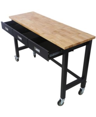 “60&iquest; Workbench with drawer, bamboo top & wheels for garage or office”