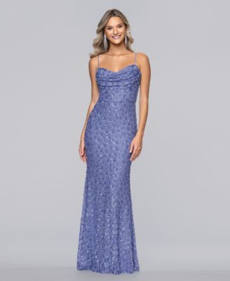 Juniors' Long Cowl Neck Sequin Slim Ball Gown