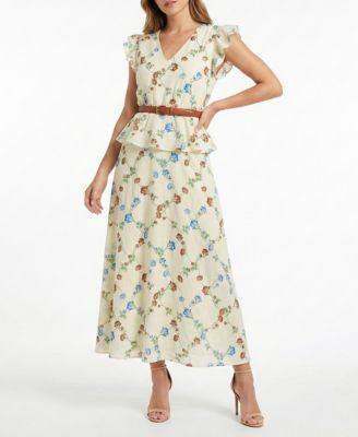 Women's Belted V-Neck Peplum Dress