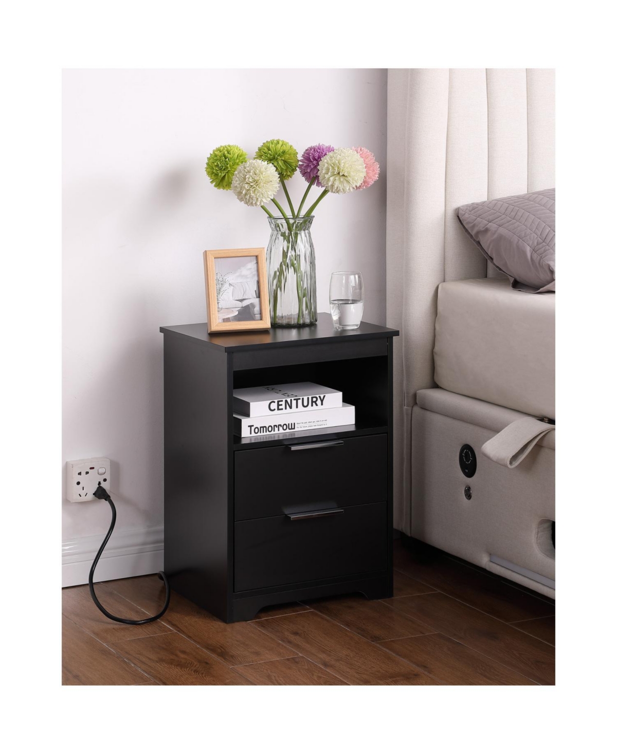 Streamdale Furniture Nightstand with Charging Station & 2 Drawers, Black