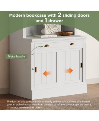 LED Lighting Bookshelf Suite with Sliding Doors & Drawers, White