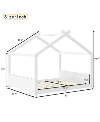 Queen House Floor Bed with Slats, Solid Wood Frame for Kids