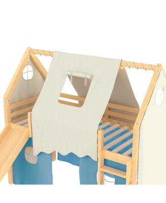 Twin Size House Loft Bed with Sills, Tents, Slide, Lights