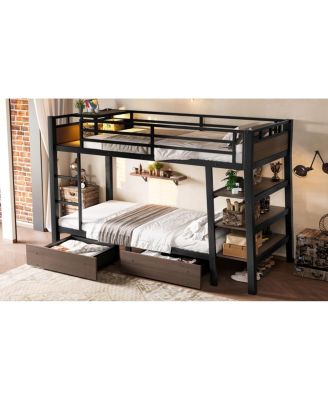 Twin Size Metal Bunk Bed with Storage, LED, and USB