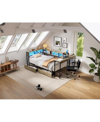 Corner Bed Frame Full Size w/ Bookcase, 2 Drawers, LED & Charging Station