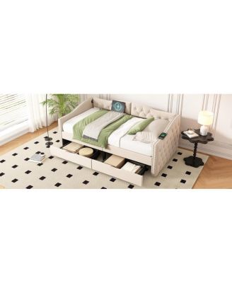 Upholstered Beige Daybed with Storage Drawers - Twin Size