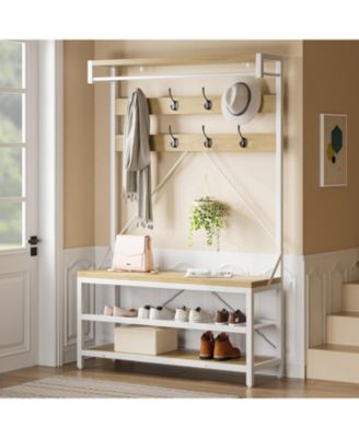 Coat Rack Shoe Bench Industrial Hall Tree Storage Bench for Entryway, Wood Look Accent Large Shoe Rack with Storage Shelf Hanging Bar,Brown