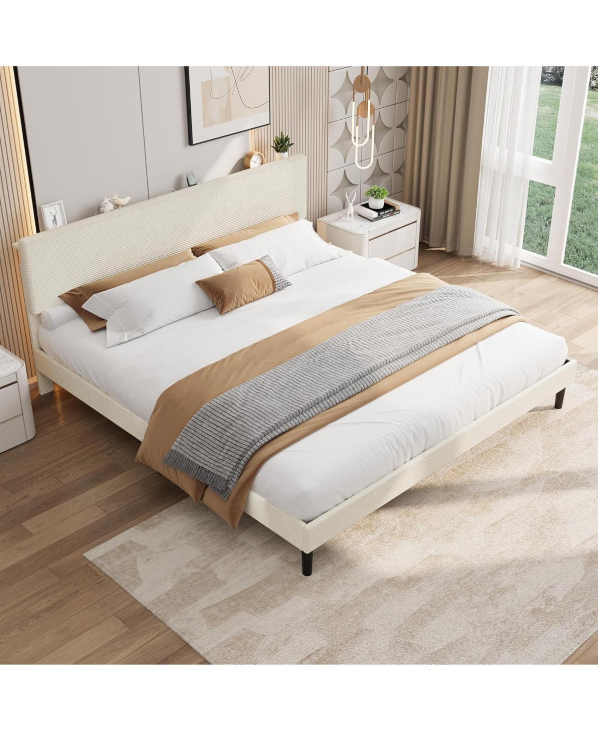 gaomon Bed Frame with Usb Charging Station, Corduroy Upholstered Platform Adjustable Storage Headboard