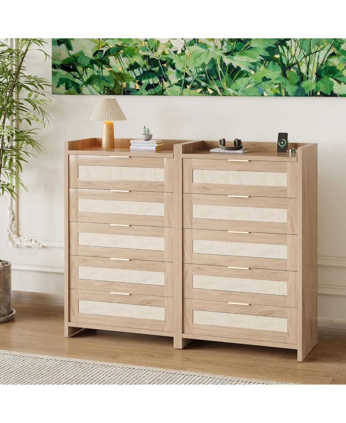 gaomon Rattan 5-Drawer Dresser for Bedroom, Boho Wooden Chest of Drawers with Large Storage, Beige