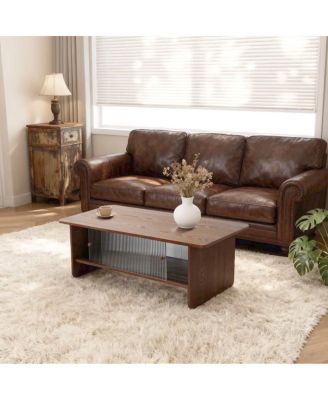 Modern minimalist 47-inch coffee table with storage and glass doors, Brown