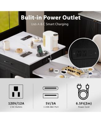 82.7 inch Kitchen Island with Extendable Dining Table, Two-tone Kitchen island with Storage 2 Drawers 2 Side Open Shelves, Power Outlet.