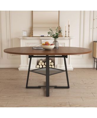  47" Extendable Round Dining Table with Storage, Walnut Finish & Metal Frame