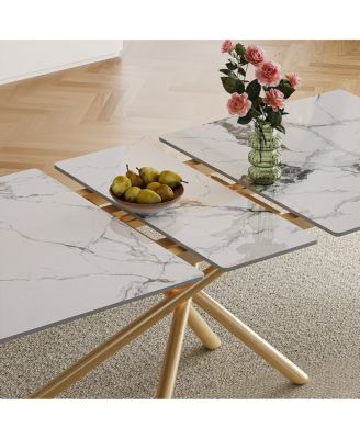 59-inch Expandable Dining Table with Retractable Leaf, Charred Stone Top & Golden X-Base