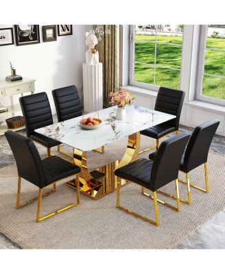 Streamdale Marble patterned glass dining set w/ gold decor: 63" table + 6 chairs.
