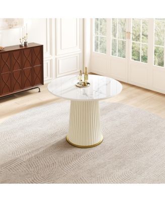 Modern 35.43" Round Dining Table, Glossy Sintered Stone Top, PU Leather Pedestal