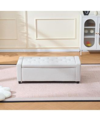 48" Storage Bench for End of Bed, Faux Linen Upholstered Storage Ottoman, Beige
