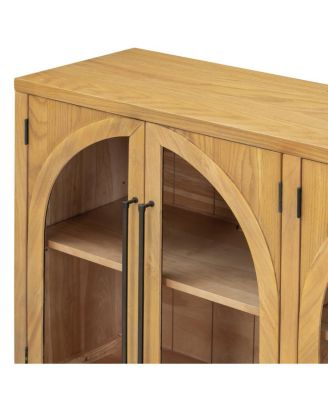 4-Door Large Storage Sideboard Buffet Cabinet with Glass Doors (Natural Wood