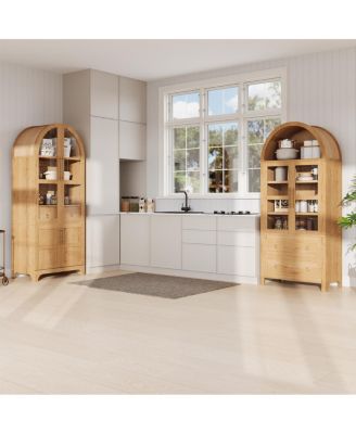 71" Arched Farmhouse Kitchen Pantry Cabinet with Shelves & Hidden Drawer